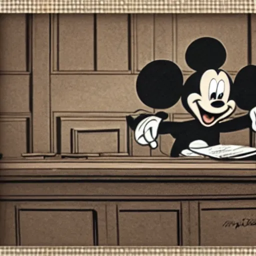 Prompt: detailed background courtroom sketch of vintage disney character mickey mouse presenting evidence of copyright infringement to the judge bench court room wooden serious dark tone