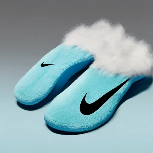 Image similar to poster nike shoe inspired by slippers made of very fluffy cyan and black faux fur placed on reflective surface, professional advertising, overhead lighting, heavy detail, realistic by nate vanhook, mark miner