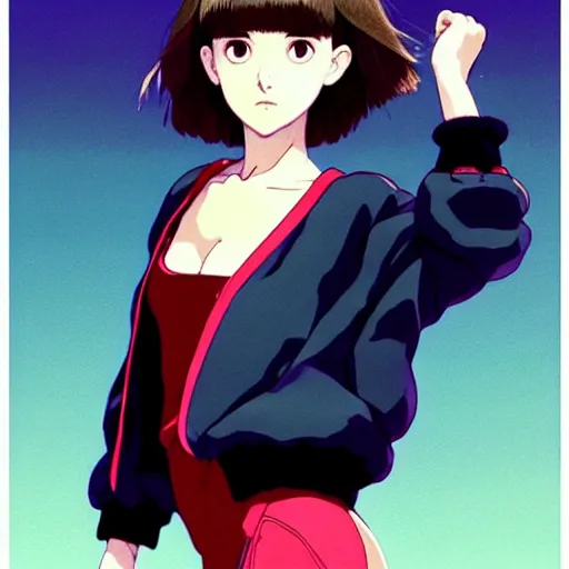 Image similar to a beautiful! boyish! natalie portman alluring gravure! model, wearing oversized mayan bomber jacket and leotard with overalls, bulky poofy bomber jacket with mayan patterns, gapmoe yandere grimdark, trending on pixiv fanbox, painted by greg rutkowski makoto shinkai takashi takeuchi studio ghibli, akihiko yoshida