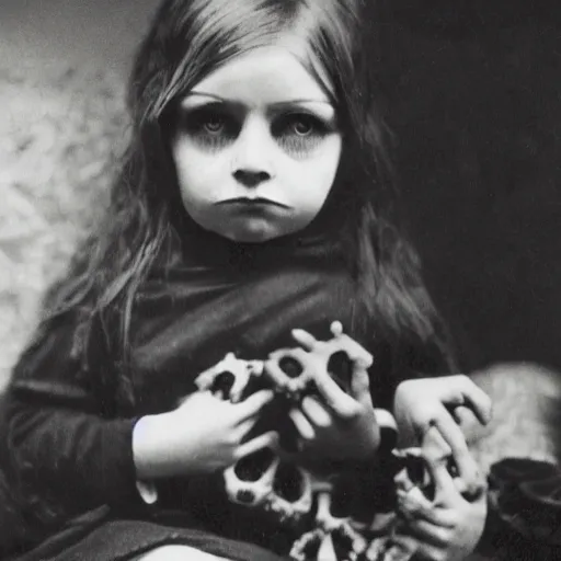 Prompt: a photo of young sad victorian gothic child with big eyes and wide grin sitting on a sofa of bones surrounded by a cyber futuristic cityscape made of human body parts, lighting, 5 0 mm, perfect faces