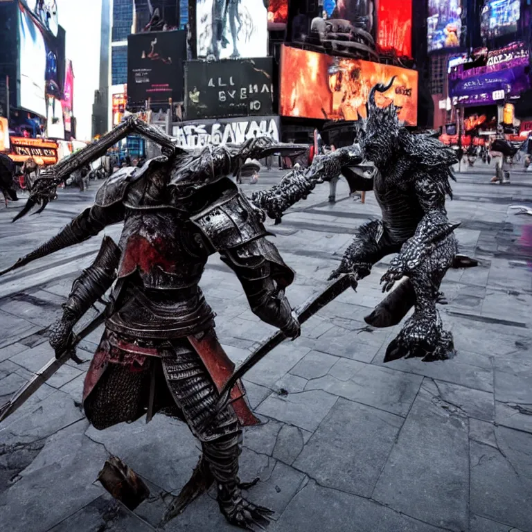 Prompt: A Dark Souls character fighting a scary monster in Times Square