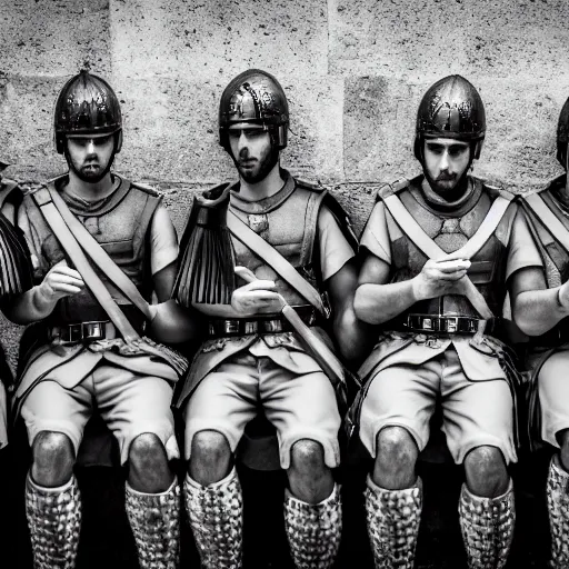 Image similar to photography portrait of a group of roman soldiers holding cell phones, roman empire, leica 1 0 0 mm f 0. 8