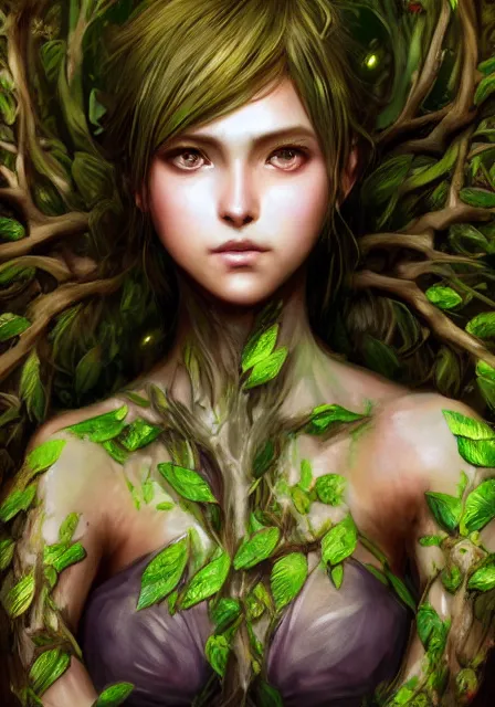 Prompt: A realistic anime portrait of a beautiful dryad with glowing green eyes and tree bark skin wearing clothes made of leaves, from Skyrim, digital painting, by Stanley Artgerm Lau, Sakimichan, WLOP and Rossdraws, digtial painting, trending on ArtStation, SFW version