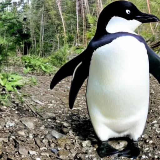 Prompt: skipper the penguin caught on trail cam