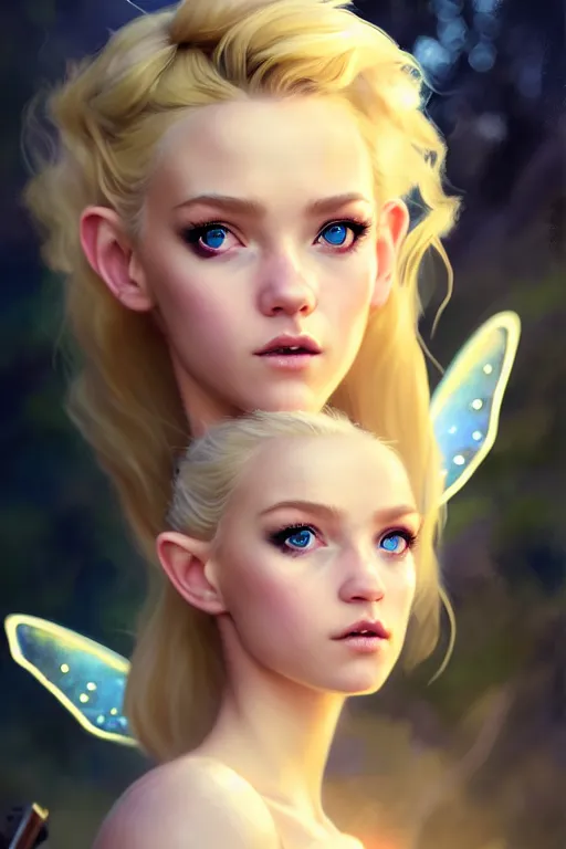 Image similar to cinematic shot of an epic portrait of a cute blonde fairy dressed in military clothes, stylised military clothes, shiny skin, beautiful eyes, beautiful, small details, night setting, realistic poster with volumetric light from craig mallism, artgerm, jeremy lipkin and michael garmash, unreal engine, radiant light, digital art, trends at art station, a masterpiece