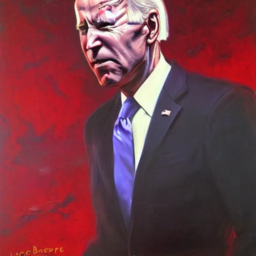 Image similar to Joe Biden, portrait, art by Wayne Barlowe, oil on canvas