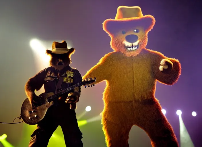 Image similar to publicity photo still of smokey the bear on tour with korn live on stage, 8 k, live concert lighting, mid shot