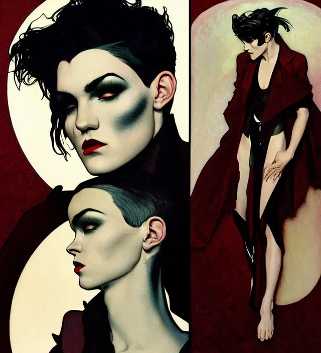 Image similar to stunning portrait of highly details androgynous ruby rose as desire from sandman, rockabilly style, by ego shield, by alphonse mucha, by jeremy mann, by peter lindbergh, dave mckean, by maurice sapiro, by frank moth, white suit and black tie, soft lightning, high detailed, 8 k