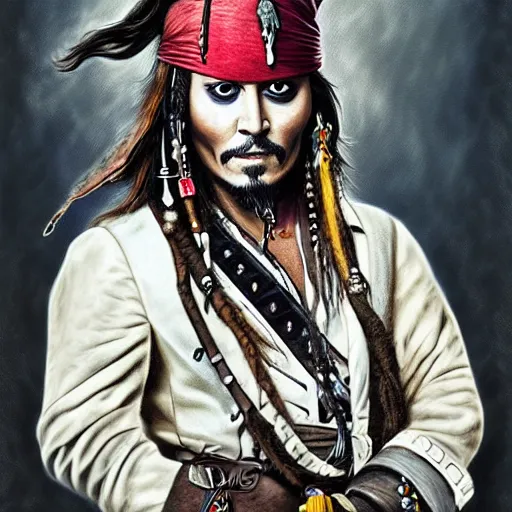 Image similar to portrait of johnny depp as captain jack sparrow, highly detailed, centered, solid color background, digital painting