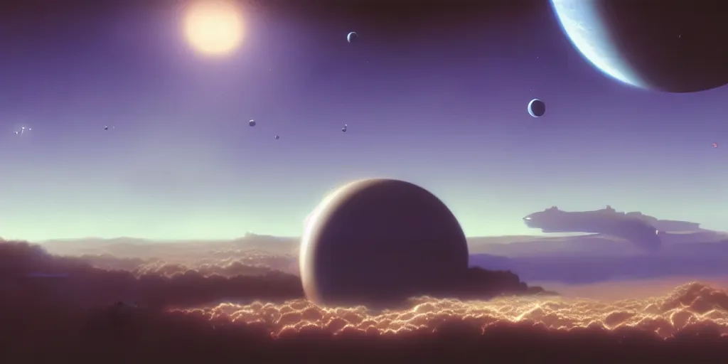 Image similar to blue dreamy cloudscape with a single planet in the clouds, daylight, cinematic lighting, cinematic perspective, syd mead, john harris, federico pelat,