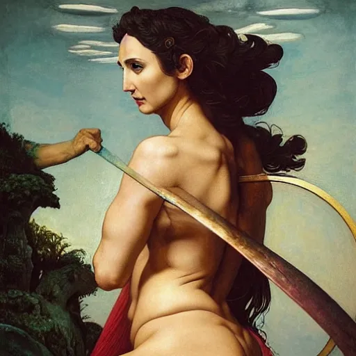 Prompt: Full body oil painting of the beautiful goddess Gal Gadot as Ceres, she is wearing roman clothes and a surreal jewelry, her hair is natural disheveled, she is approaching heaven over the clouds, naturalism, dramatic lighting, high-detailed oil painting by Ilya Repin, Michelangelo da Caravaggio, William Blake, Alex Grey and Beksinski, trending on Artsation, hystorical painting, naturalism, masterpiece, 4k, 8k,