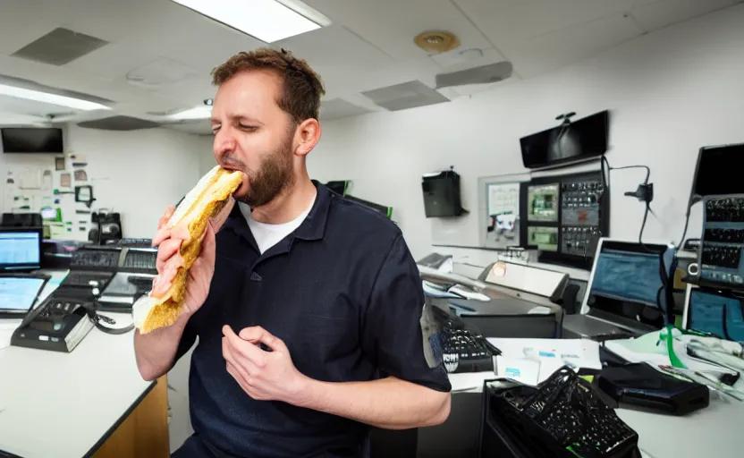 Image similar to radio station control room worker at desk eating old sandwich, sandwich leaking green oil, sweat, tannoy, strange