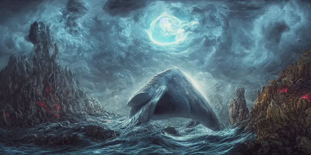 Prompt: concept art of giant whale, lava rocks, lovecraftian, renaissance, roaring, melting horror, round moon, rich clouds, fighting the horrors of the unknown, overgrown forest, very detailed, volumetric light, mist, fine art, decaying, textured oil over canvas, epic fantasy art, very colorful, ornate scales