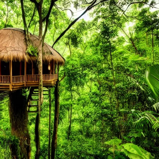 Prompt: a treehouse in a lush jungle during a thunderstorm in the evening