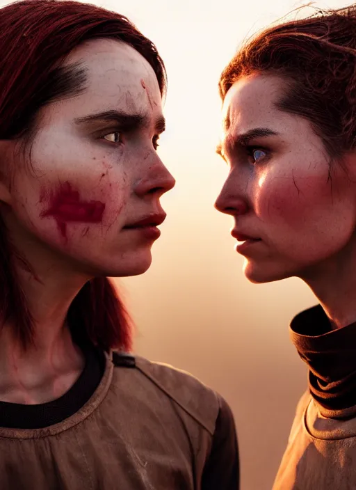 Image similar to cinestill 5 0 d photographic portrait by steve mccurry of two loving female androids wearing rugged black mesh techwear on a desolate plain with a red sky, extreme closeup, dust storm, 8 k, hd, high resolution, 3 5 mm, f / 3 2, ultra realistic faces, cyberpunk 2 0 7 7, ex machina