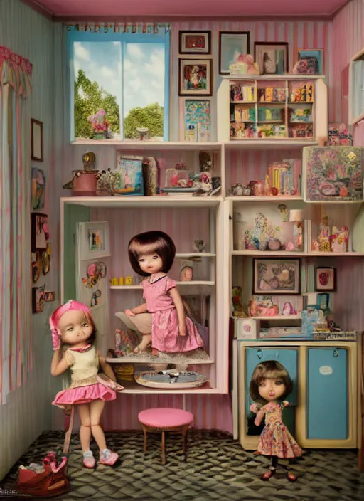 Prompt: highly detailed wide - angle portrait of a retro 1 9 6 0 s doll house, nicoletta ceccoli, mark ryden, lostfish, earl nore, hyung tae, frank frazetta, global illumination, god rays, detailed and intricate environment