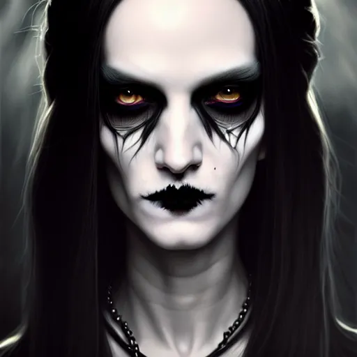 Image similar to portrait painting of an androgynous goth witch with shoulder length flowing black hair pale skin and beautiful dark brown eyes, ultra realistic, concept art, intricate details, eerie, highly detailed, photorealistic, octane render, 8 k, unreal engine. art by artgerm and greg rutkowski and magali villeneuve