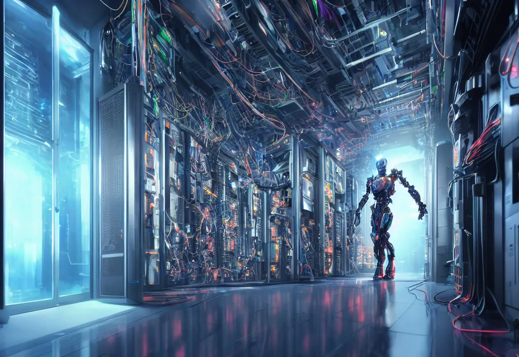 Image similar to shot of film cyborg walking in detailed server room in data center, character design, vivid color, complementary color, detailed, high quality, correct composision, correct perspective, trending on artstation, volumetric lighting, dramatic lighting by yoichi hatakenaka, cyberpunk art by asher brown durand