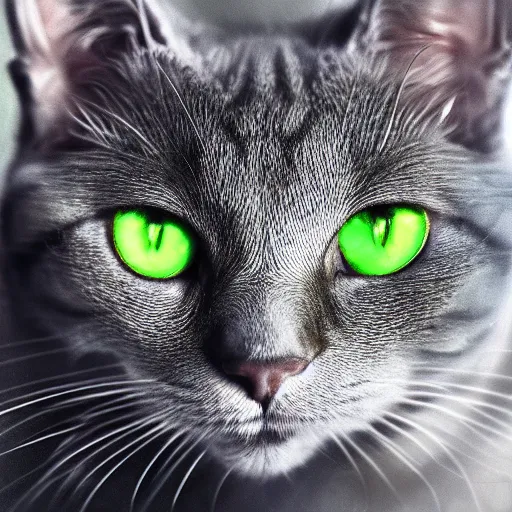 Image similar to portrait of grey cat with big green eyes in the space with nebulae, realistic painting, high definition, digital art, matte painting, very detailed, realistic