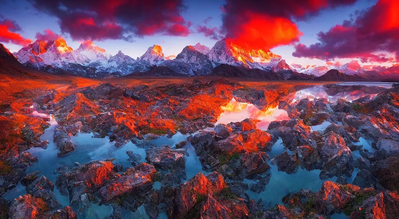 Image similar to amazing landscape photo of mountains with lake in sunset by marc adamus, beautiful dramatic lighting