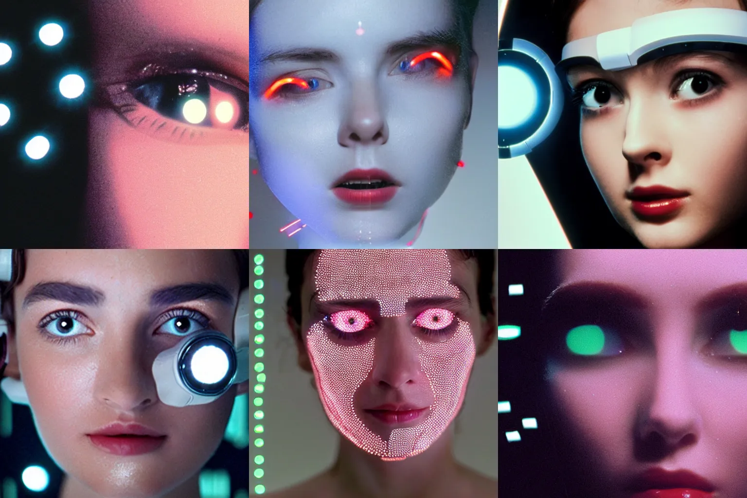 Prompt: photo of young woman, close up, with small robotic parts with led lights over her face and shoulders, small led lights, white background, from the movie 2001 A Space Odyssey