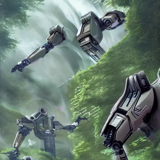 Prompt: futuristic robots war commander ask for air support, in a jungle jeszika le vye heraldo ortega 8 k