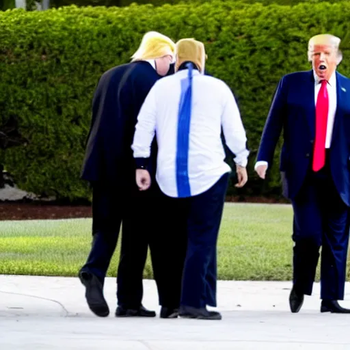 Image similar to Donald Trump in handcuffs escorted by two FBI agents at Mar-a-lago, photo, low angle