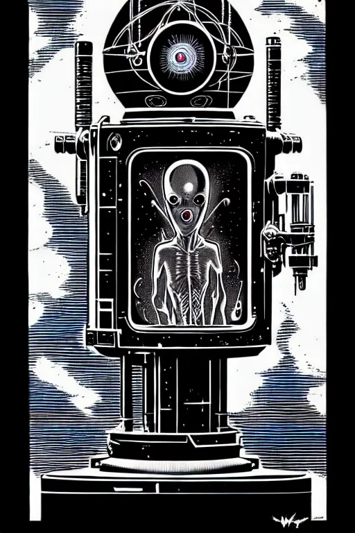 Image similar to steampunk cryo chamber containing friendly grey alien, high details, intricately detailed, by vincent di fate, inking, 3 color screen print, masterpiece, trending on artstation,, sharp, details, hyper - detailed, hd, 4 k, 8 k