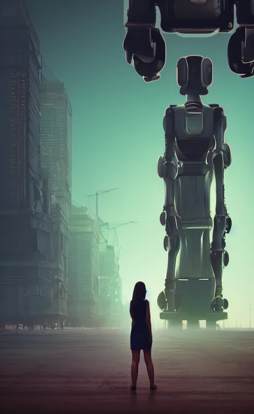 Image similar to Woman standing before a huge robot, highly detailed, digital art, in the style of Simon Stålenhag, trending on artstation, matte painting, accurate anatomy, elegant, concept art, sharp focus, 4k