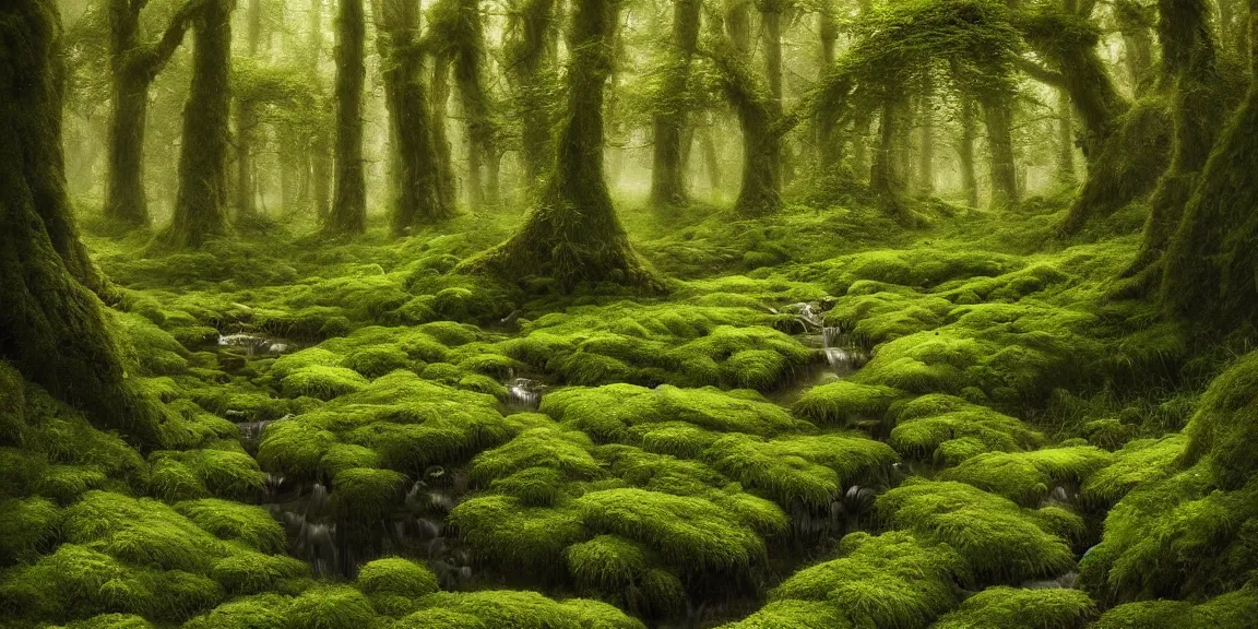 Prompt: Celtic broadleaf forests, sessile oak, mossy and with ferns. A small creek running through the forests in Scotland, small woodland wildflowers. Juniperus communis shrubs. F. Trending on Artstation, deviantart, worth1000. By Greg Rutkowski. National Geographic and iNaturalist HD photographs