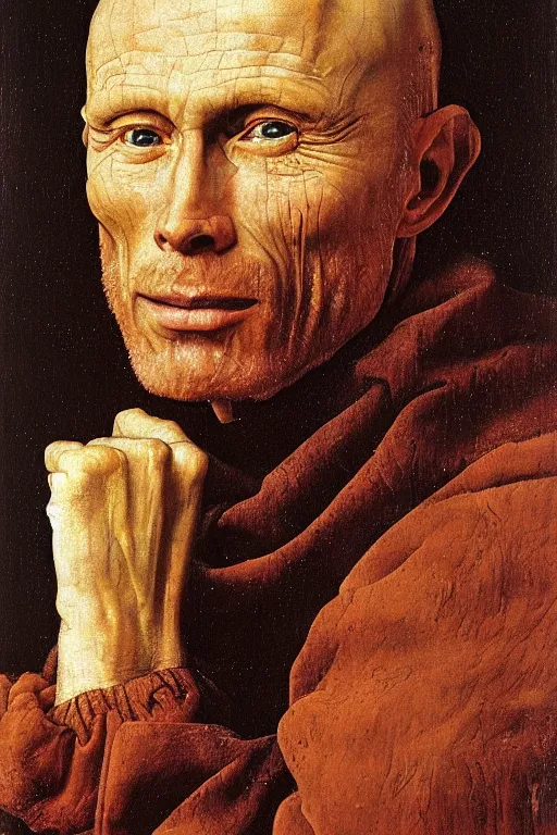 Image similar to portrait of ed harris, oil painting by jan van eyck, northern renaissance art, oil on canvas, wet - on - wet technique, realistic, expressive emotions, intricate textures, illusionistic detail