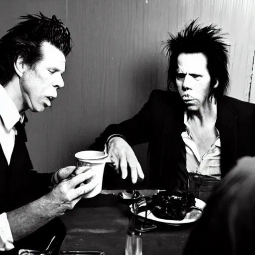 Image similar to tom waits, shane mcgowan and nick cave eat dinner together