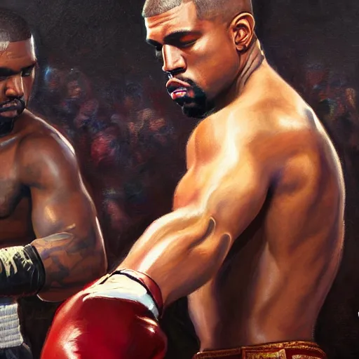 Prompt: a beautiful painting of kanye west fist - fighting pete davidson in a boxing ring, rendered art, highly detailed painting by gaston bussiere, craig mullins, j. c. leyendecker 8 k, trending on artstation, art, fighting, watercolor