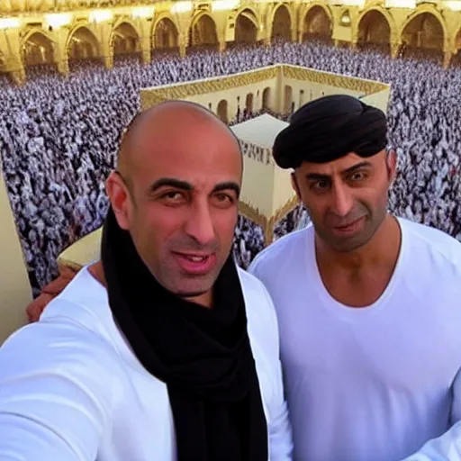 Image similar to Dwane Johnson and Vin Disel doing hajj in Mecca