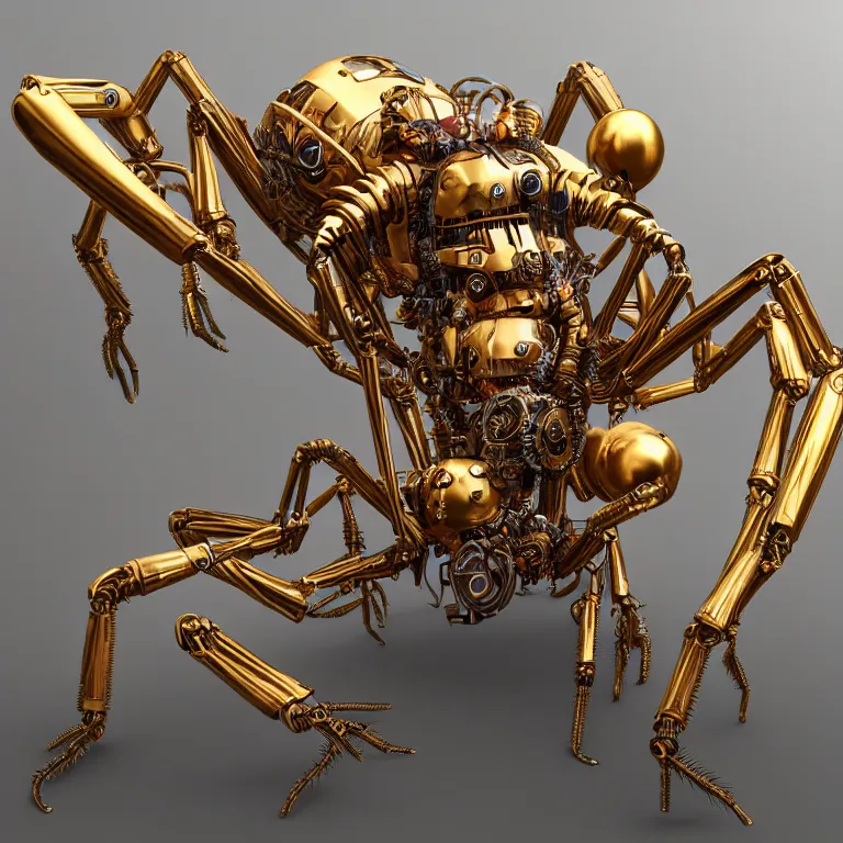 Prompt: beautiful steampunk robotic spider inspired, unreal engine realistic render, high detailed face, photorealism, golden ratio, hyper - realistic 3 d, insanely super detailed, realistic octane render, 1 6 k, fashion photography, micro detail, backlit lighting, subsurface scattering, thin porcelain