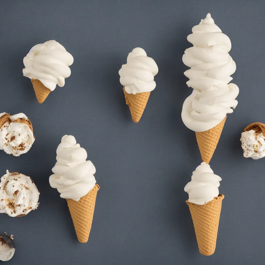 Image similar to soft serve ice cream cone in the form of Matterhorn, advertising product photography