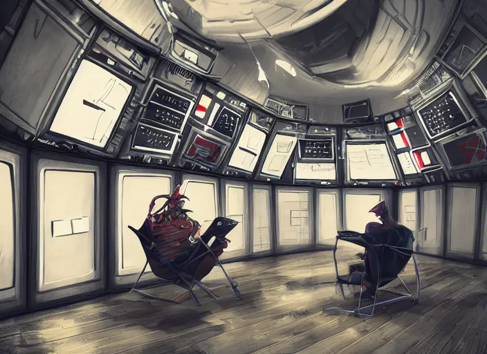 Image similar to a man sitting on a chair with things attached to his head, screens and monitors in front of him playing videos, ship interior, narrow hallway, scifi colors, dramatic lighting, dark, spotlight, surreal, by rutkowski, fuji choko, hoang lap