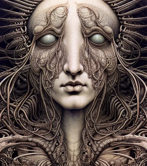 Image similar to detailed realistic beautiful beetle goddess face portrait by jean delville, gustave dore, iris van herpen and marco mazzoni, art forms of nature by ernst haeckel, art nouveau, symbolist, visionary, gothic, neo - gothic, pre - raphaelite, fractal lace, intricate alien botanicals, ai biodiversity, surreality, hyperdetailed ultrasharp octane render