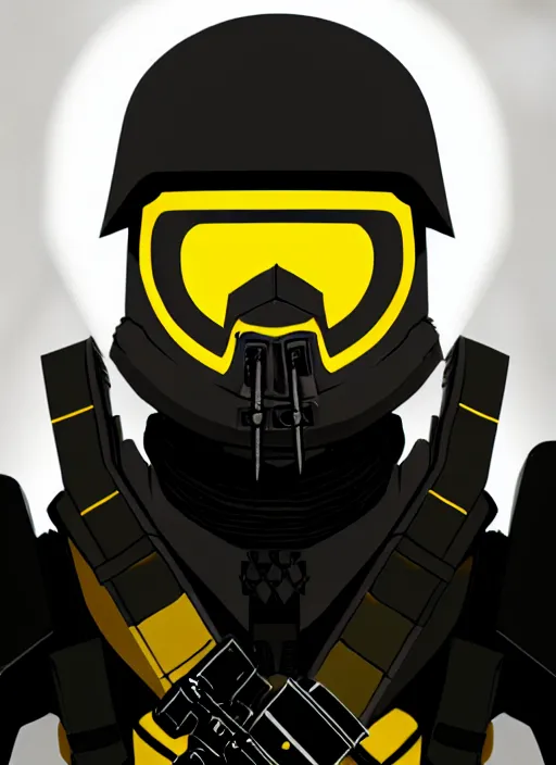 Prompt: a film still portrait of a vicious helldiver scout soldier, black armor with yellow accents, ilya kuvshinov, anime, pixiv top monthly, trending on artstation, cinematic, danbooru, zerochan art, kyoto animation