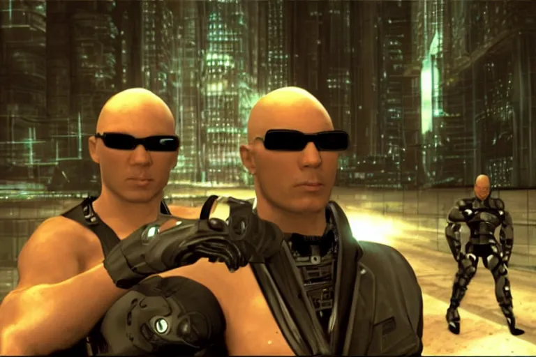 Prompt: cyborg - pitbull mr. worldwide in a ps 2 game, in 2 0 5 5, y 2 k cybercore, industrial low - light photography, still from a ridley scott movie