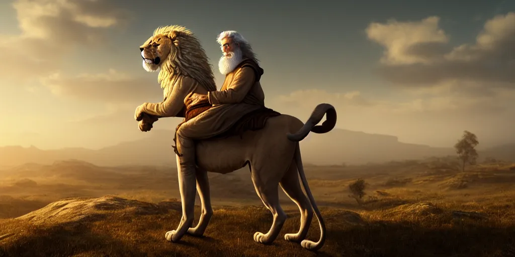 Image similar to hooded wise old man ( long white beard wearing a brown tunic ), riding majestically, on a beautiful lion's back, epic digital art, cinematic, trending on artstation, superb detail 8 k, wide - angle, masterpiece