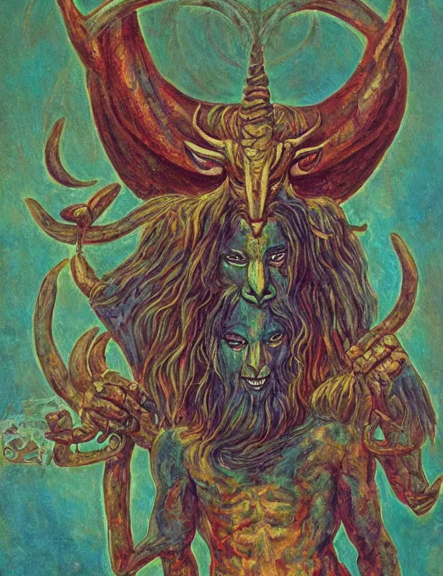 Prompt: the ancient god Baphomet, horned god of wisdom gnostic mystery religion, oil painting (beautiful) by Brom, chromatic aberration strange colors