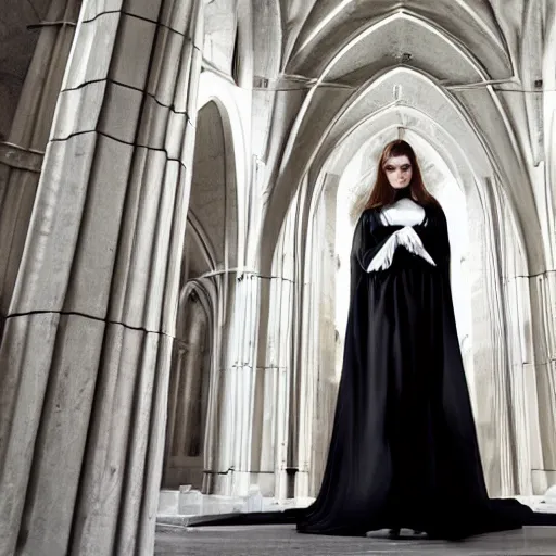 Prompt: architect, white marble gothic cathedral with a alabaster gothic girl dressed in black with perfect face