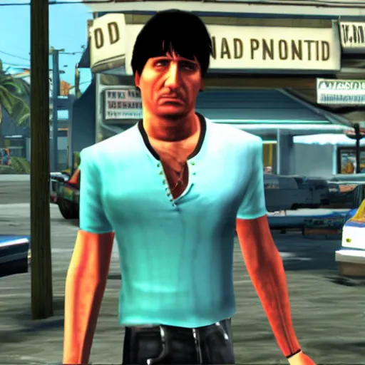 Image similar to screenshot of tony montana as a character in grand theft auto vice city videogame