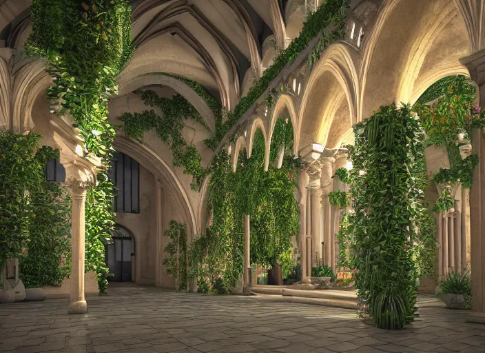 Image similar to ultra realistic, artstation, concept art, cathedral interior with koi pond in the middle surrounded by palm trees, ivy, flowers, tropical plants, roses, and with archways. rendered in octane render with photorealistic lighting