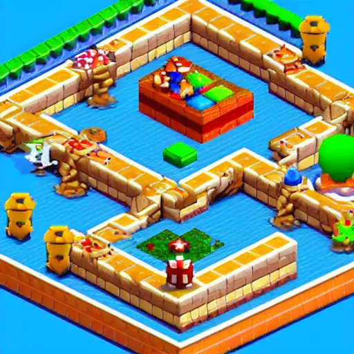 Image similar to an isometric view of the first level in super mario brothers