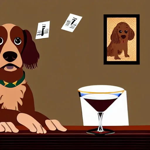 Prompt: a brown spaniel with a white chest playing a piano, Martini on the side. Artwork adult swim style, no text