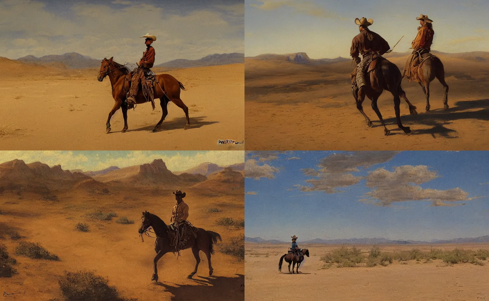 Prompt: A lonely cowboy riding his horse in the desert by fredrick remington