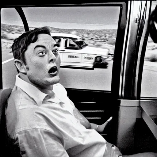 Image similar to gonzo reporter retro photo of drunked elon musk driving bus, fear and loathing in las vegas style, by hunter thompson