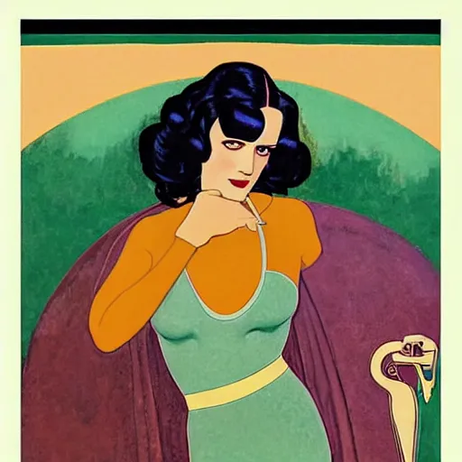 Image similar to Eva Green, Art by Coles Phillips, Orange bodysuit, Chalk white skin, deep purple hair, Green eyes, Portrait of the actress, Eva Green as Metamorpho, geometric art, art deco, Alphonse Mucha, Vasily Kandinsky, carbon black and antique gold